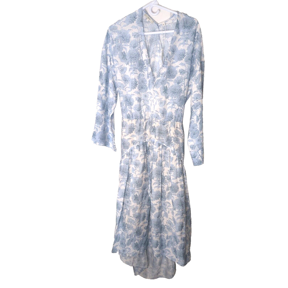 Vince Dahlia Print Dress Long Sleeve Blue White Cutout Back Size Large Boho